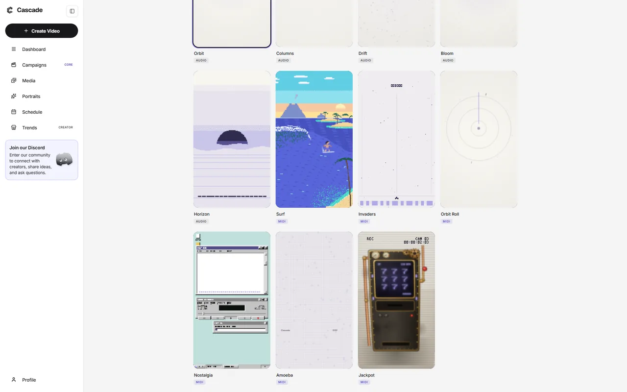 The Cascade dashboard open to Portraits: a beat upload box, colour swatches and a gallery of looks